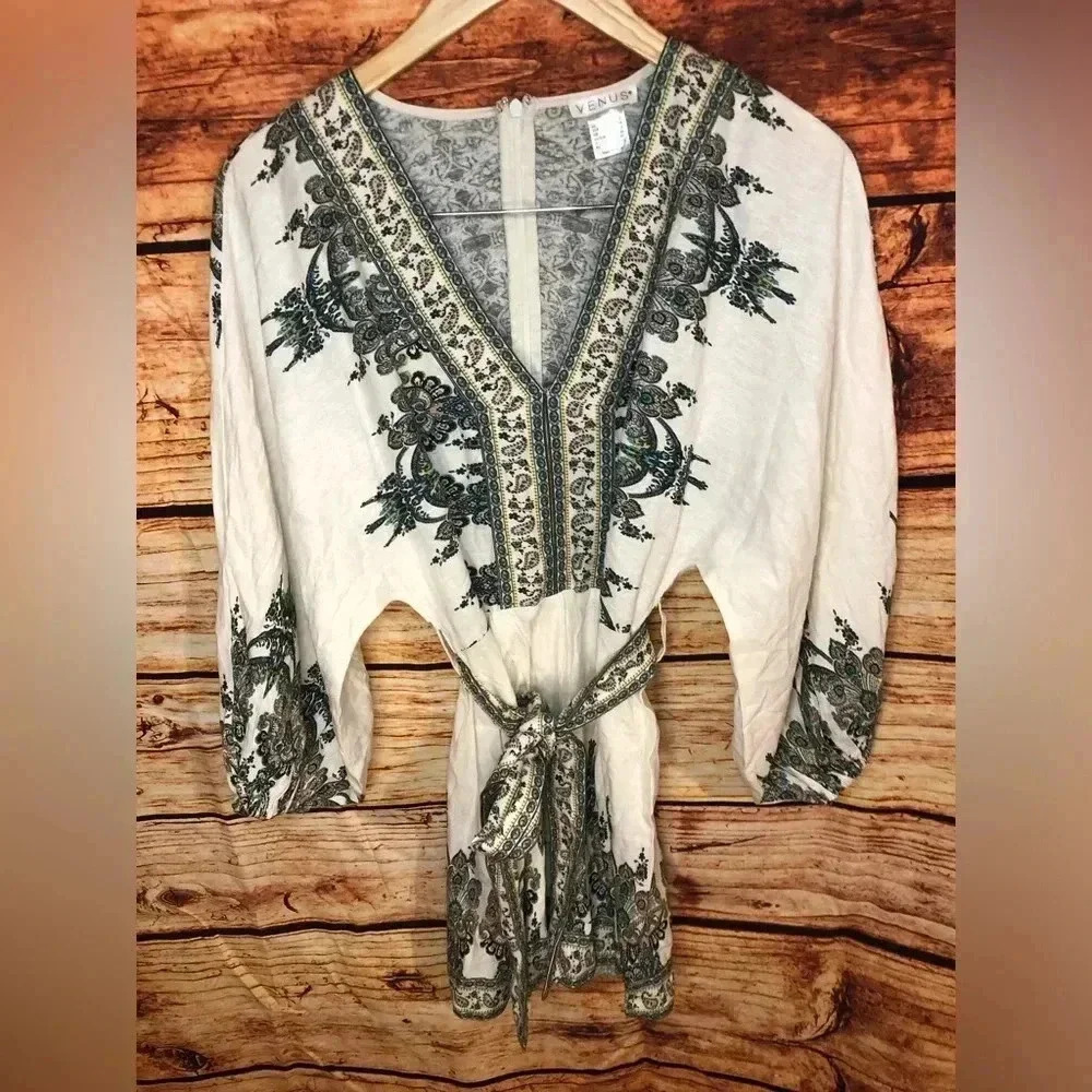 NWOT Venus White Multi Paisley Linen Blend Blouson Slv Romper - Picture 7 of 16
